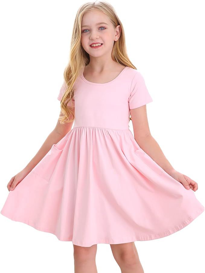 Stelle Girls Short Sleeve Dress Summer Kids Toddler Skater Twirl A Line Solid Color T-Shirt Dress... | Amazon (US)