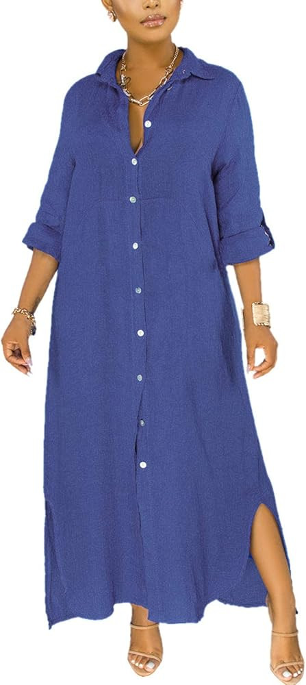 Chatinction Women Solid Color 3/4 Rolled-Up Sleeve Dress Sexy Buttons Down Side Slit Shirts Maxi ... | Amazon (US)