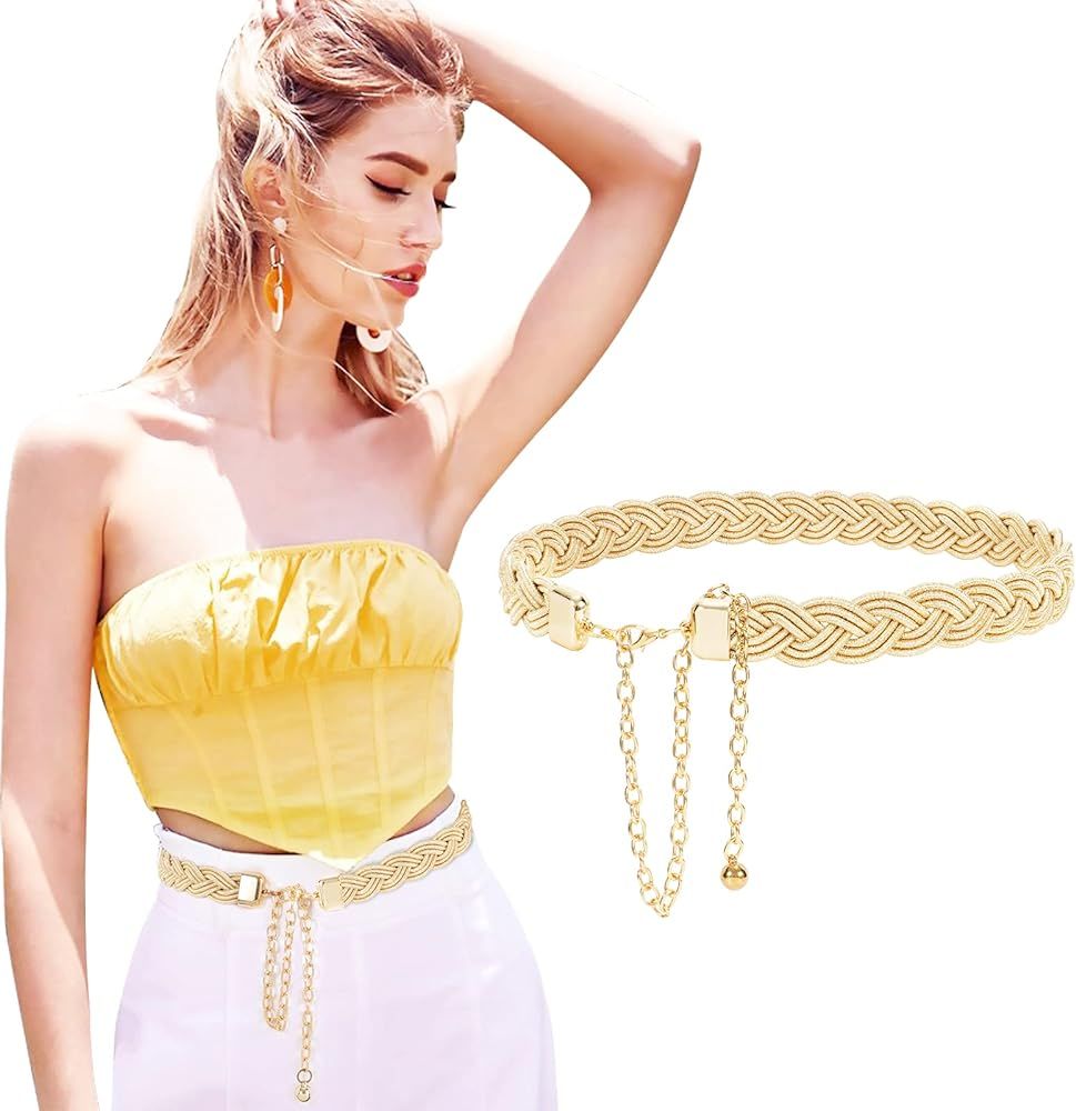 Chain Belt for Women, SANSTHS Gold Sliver Braided Belt with Chain Boho Bling Style fo | Amazon (US)