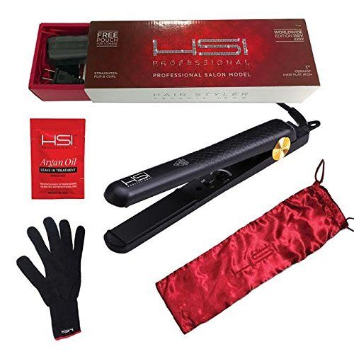 HSI Professional Glider | Ceramic Tourmaline Ionic Flat Iron Hair Straightener | Straightens & Curls with Adjustable Temp | Incl Glove, Pouch, & Travel Size Argan Oil Hair Treatment | Packaging Varies | Amazon (US)