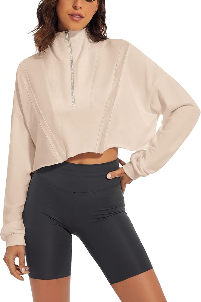 MISSACTIVER Women Casual Half Zipper Patchwork Crop Sweatshirt Drop Shoulder Long Sleeve Raw Hem ... | Amazon (US)