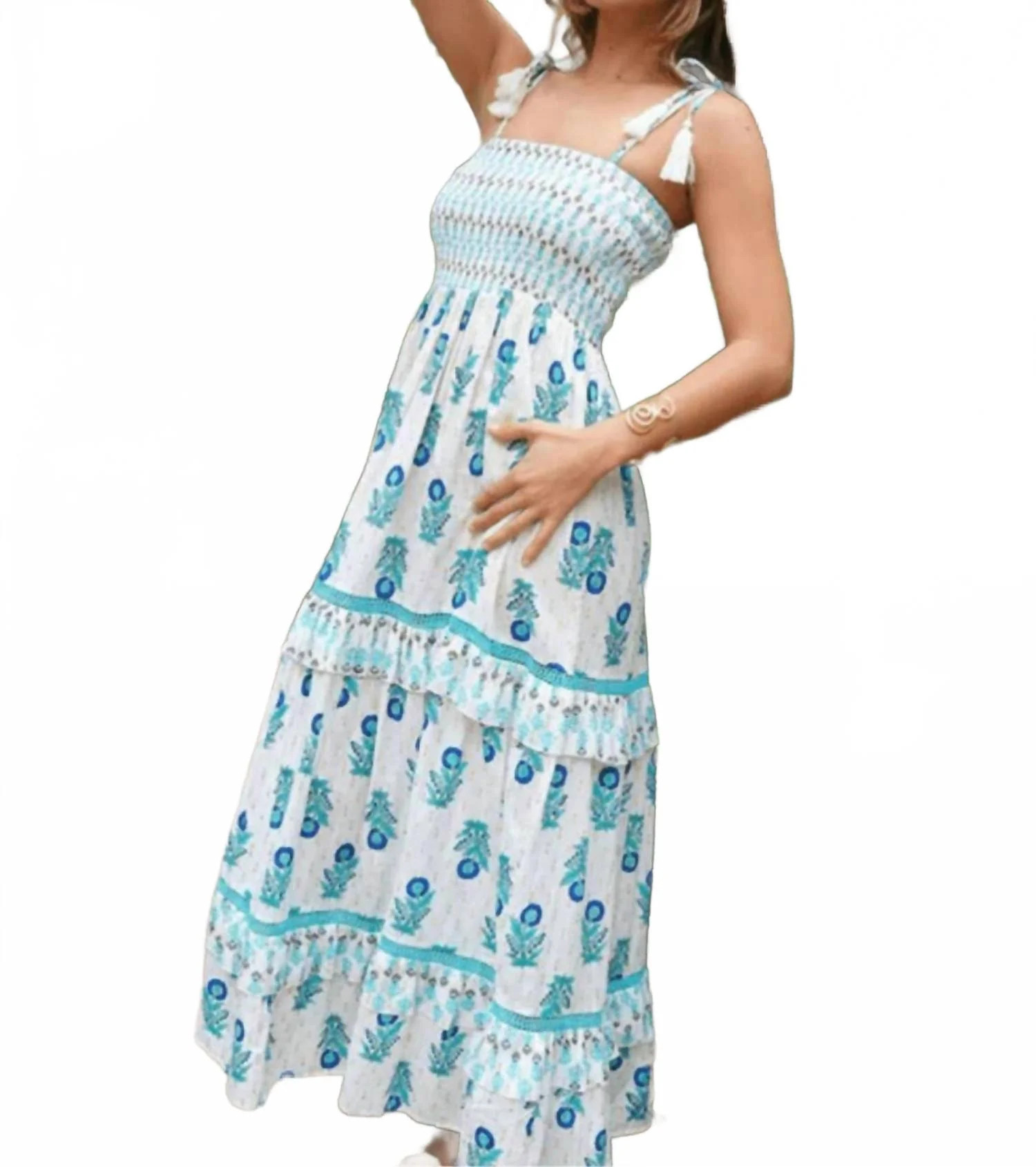 Musa Block Print Maxi Dress In Turquoise | Shop Simon