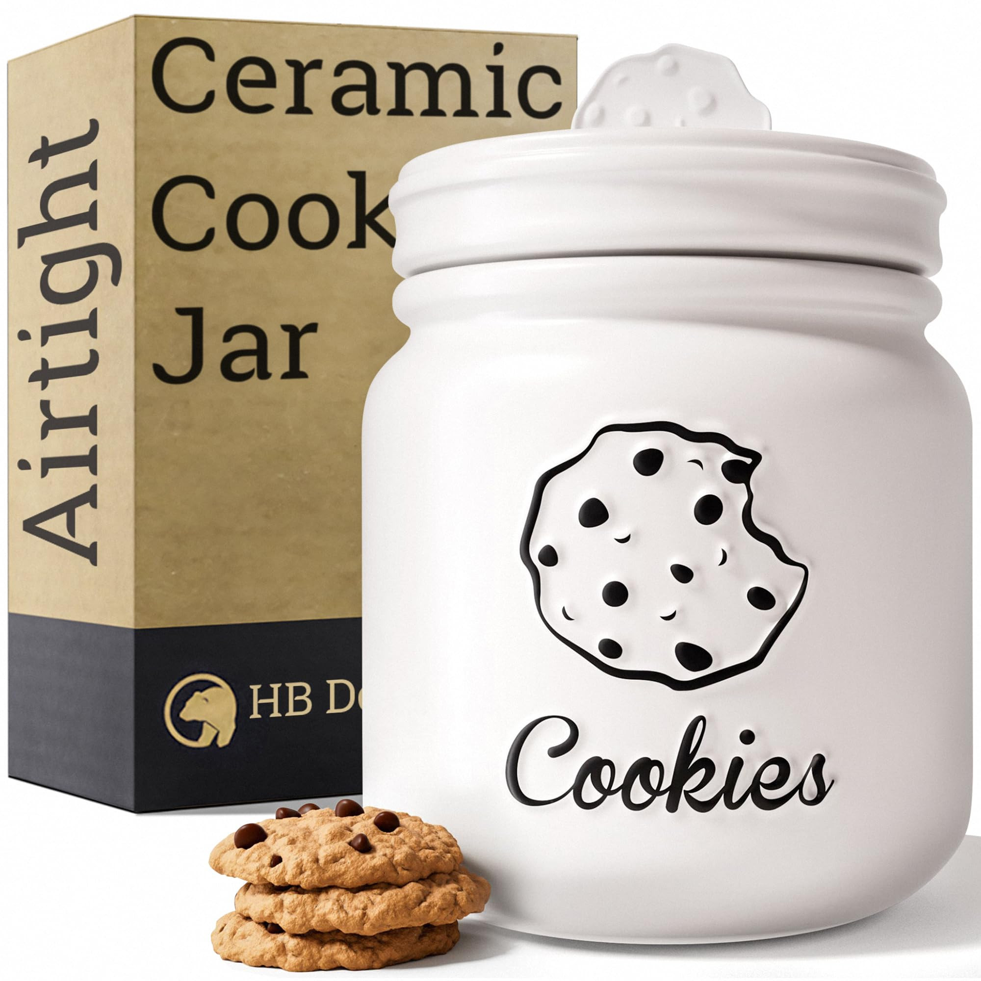 HB Design Co. Cookie Jar with Airtight Lid - 6" D x 8" H Matte White Ceramic Cookie Jar with Rubb... | Amazon (US)