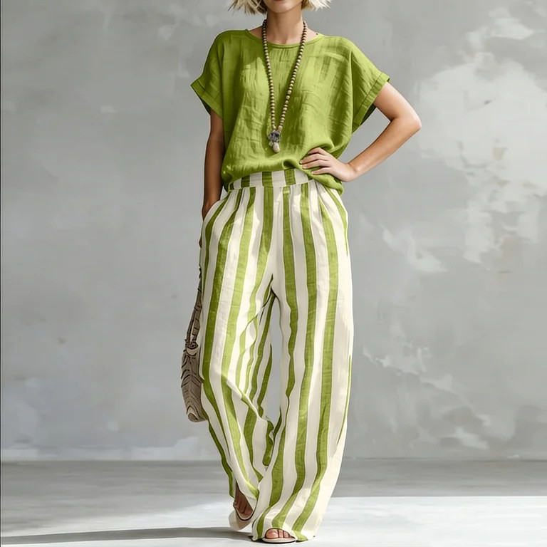 Women's Color Striped Cotton Linen Two Piece Set Casual Loose Outfit with Convenient Pockets for ... | Walmart (US)