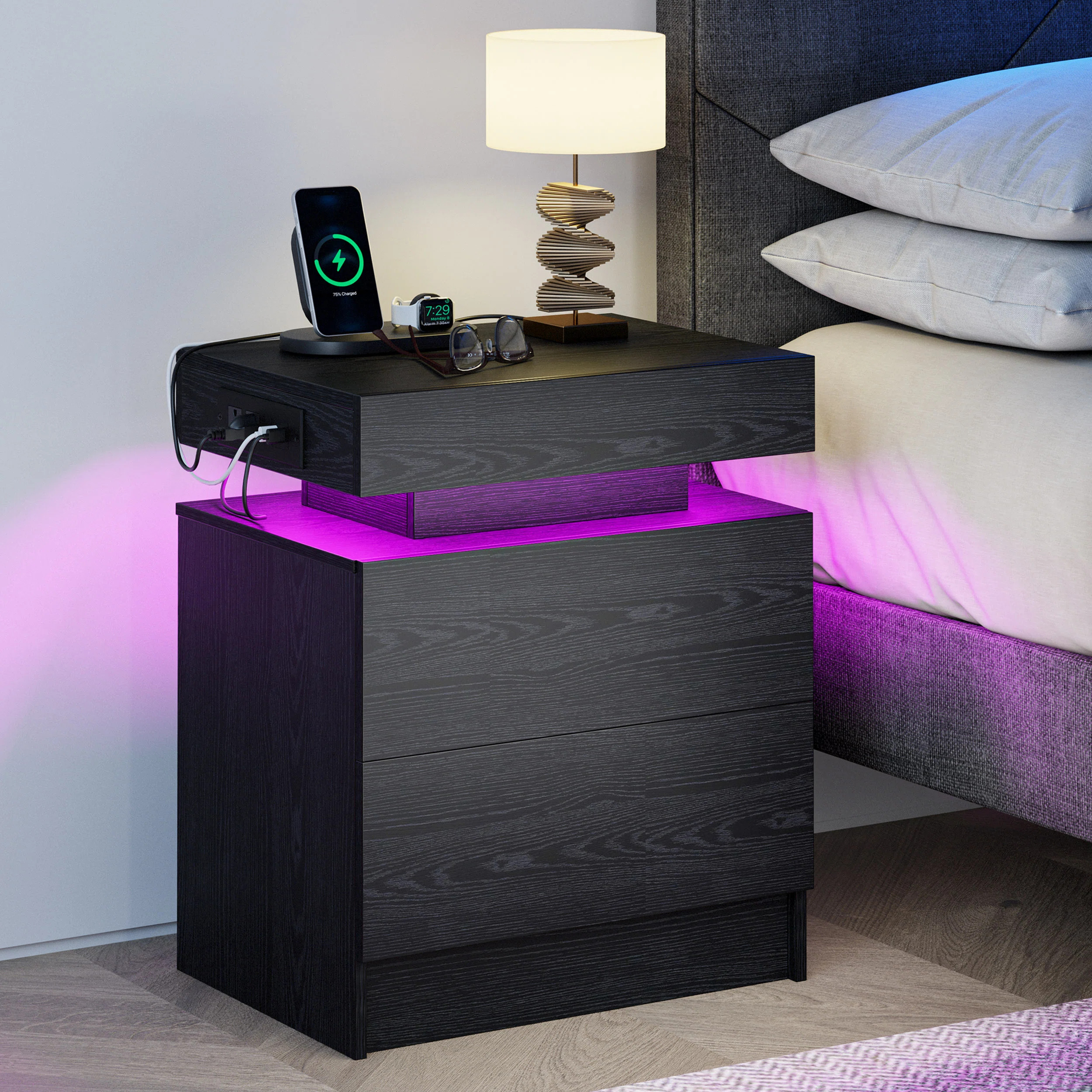 Westerly Modern Style Wooden Nightstand with LED Light and Storage Drawers | Wayfair North America