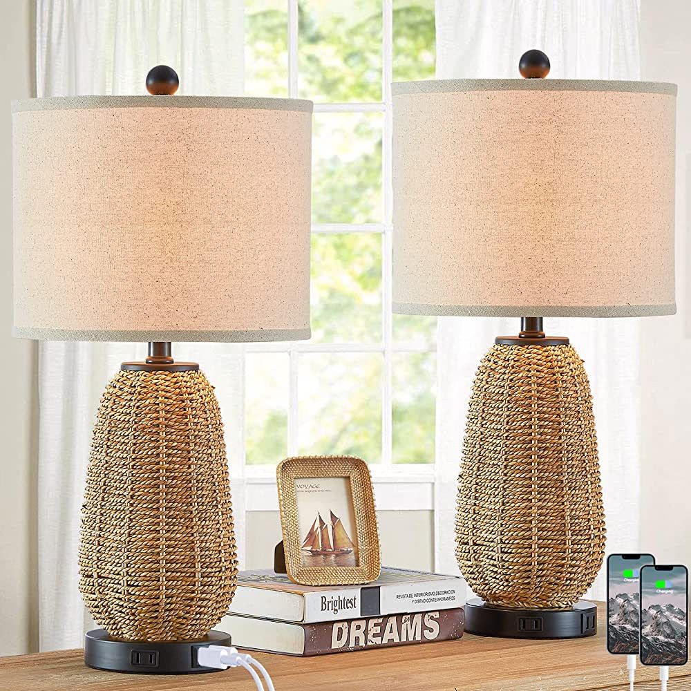 CINSARY Touch Control Rattan Table Lamps, 3 Way Dimmable Bedside Lamps for Bedroom Set of 2 with ... | Amazon (US)