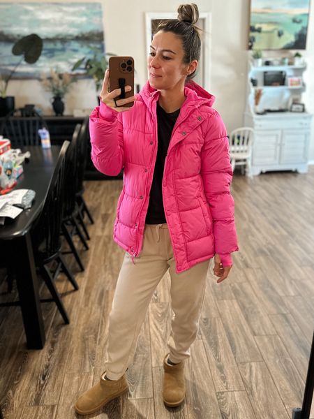 Small in jacket - tts - there’s room for a sweater under it - such a bright fun bumblegum pink free people lookalike for a fraction of the price

Xs sweats - tts - on sale right now but only black and grey in stock

Ugh mini dupe - tts

#LTKunder100 #LTKunder50 #LTKfit