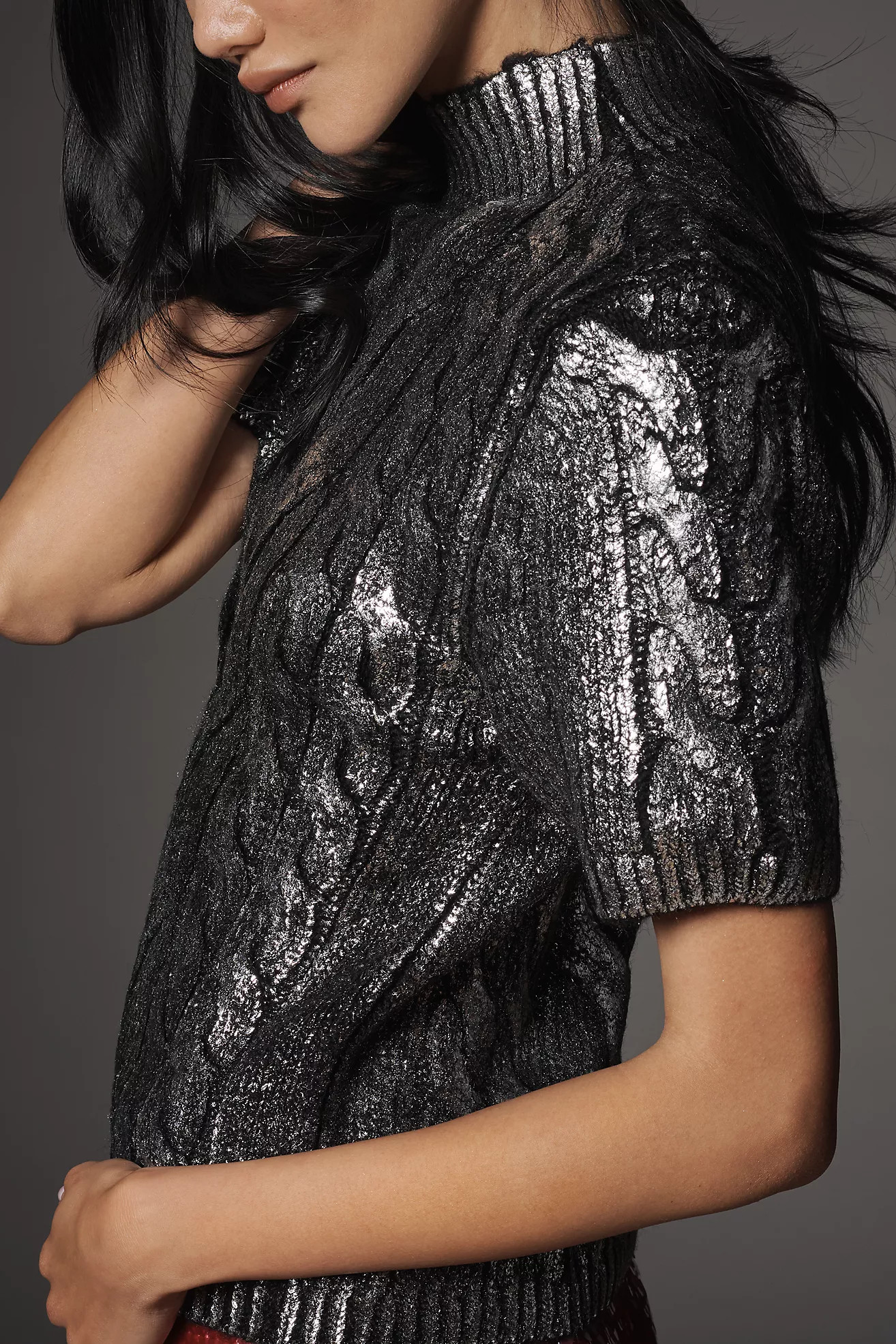 Pilcro Metallic Cable-Knit Short-Sleeve Sweater | Anthropologie (US)