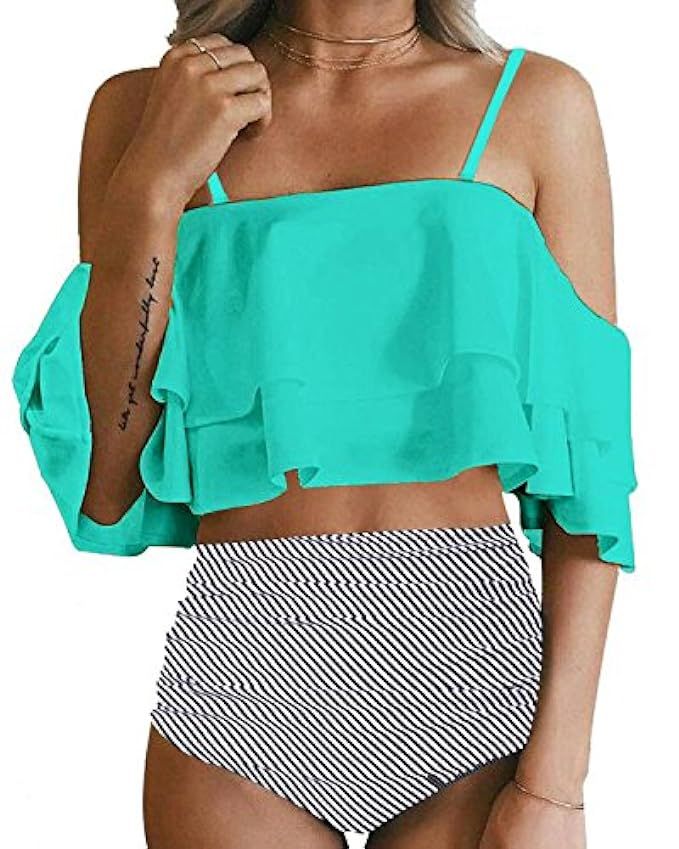 Tempt Me Women Two Piece Off Shoulder Ruffled Flounce Crop Bikini Top with Print Cut Out Bottoms | Amazon (US)