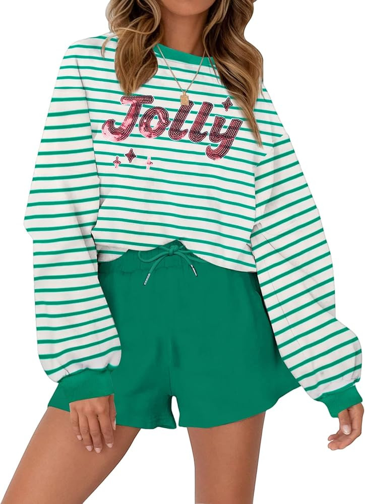 VILOVE Christmas Sweat Shorts Sets Women 2 Piece Merry Xmas Jolly Sequin Outfit Oversized Casual ... | Amazon (US)
