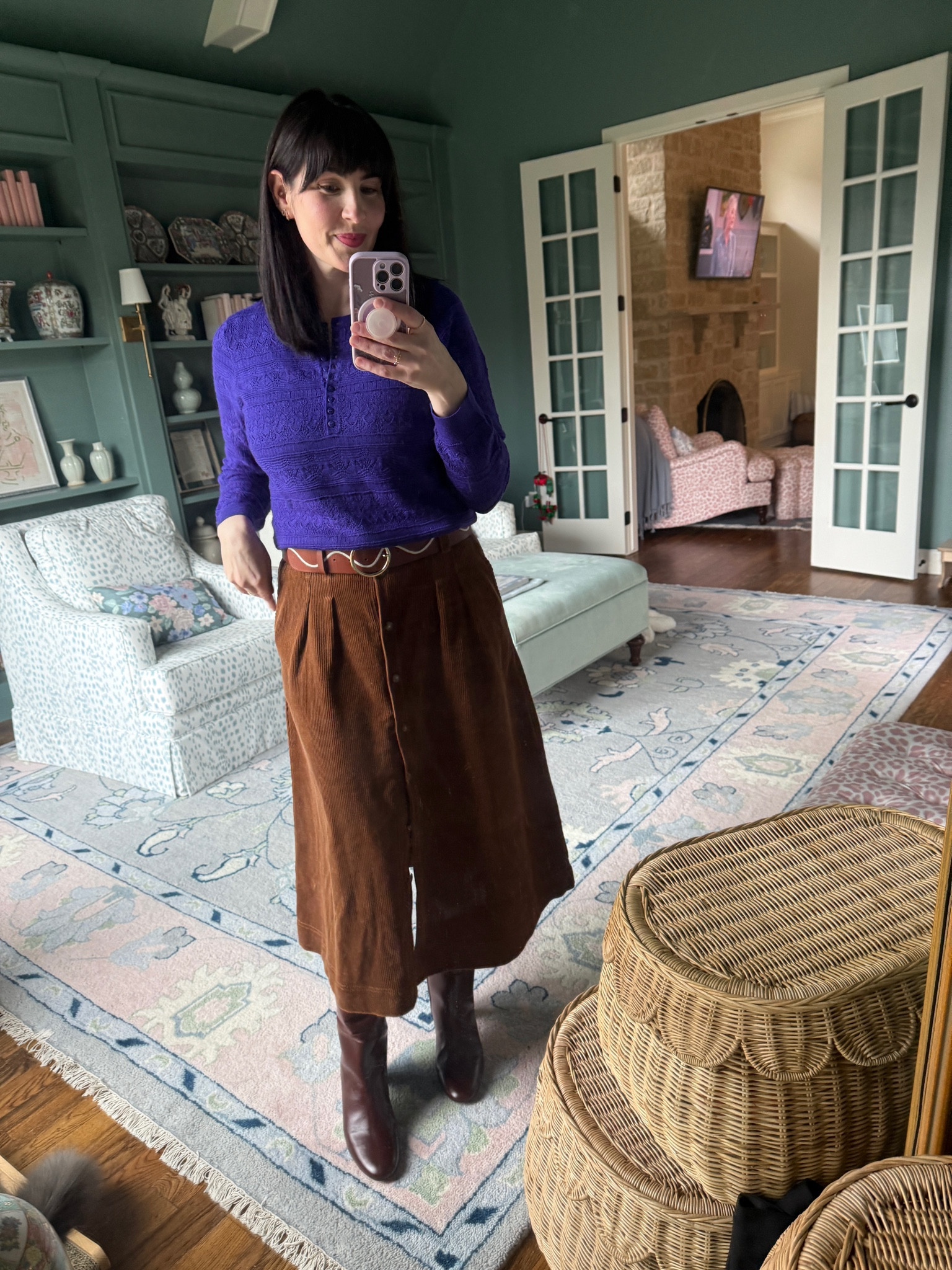 The cutest chocolate boots, purple sweater and corduroy skirt for fall. This Sezane skirt is on repeat 🙌🏻✨

Wearing a size large in the top and size 42 (us 10) in the skirt as I found it ran a little small! 

#BrightWinter

#LTKMidsize #LTKShoeCrush #LTKWorkwear