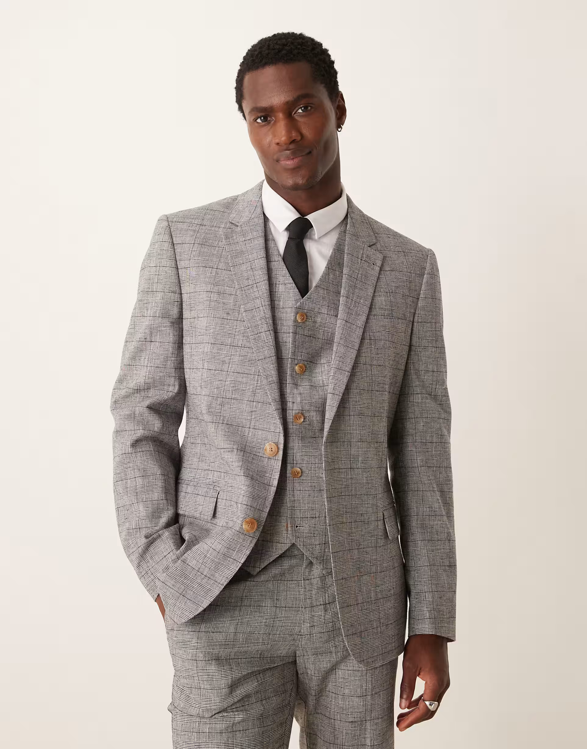 ASOS DESIGN skinny linen suit in gray prince of wales check | ASOS (Global)
