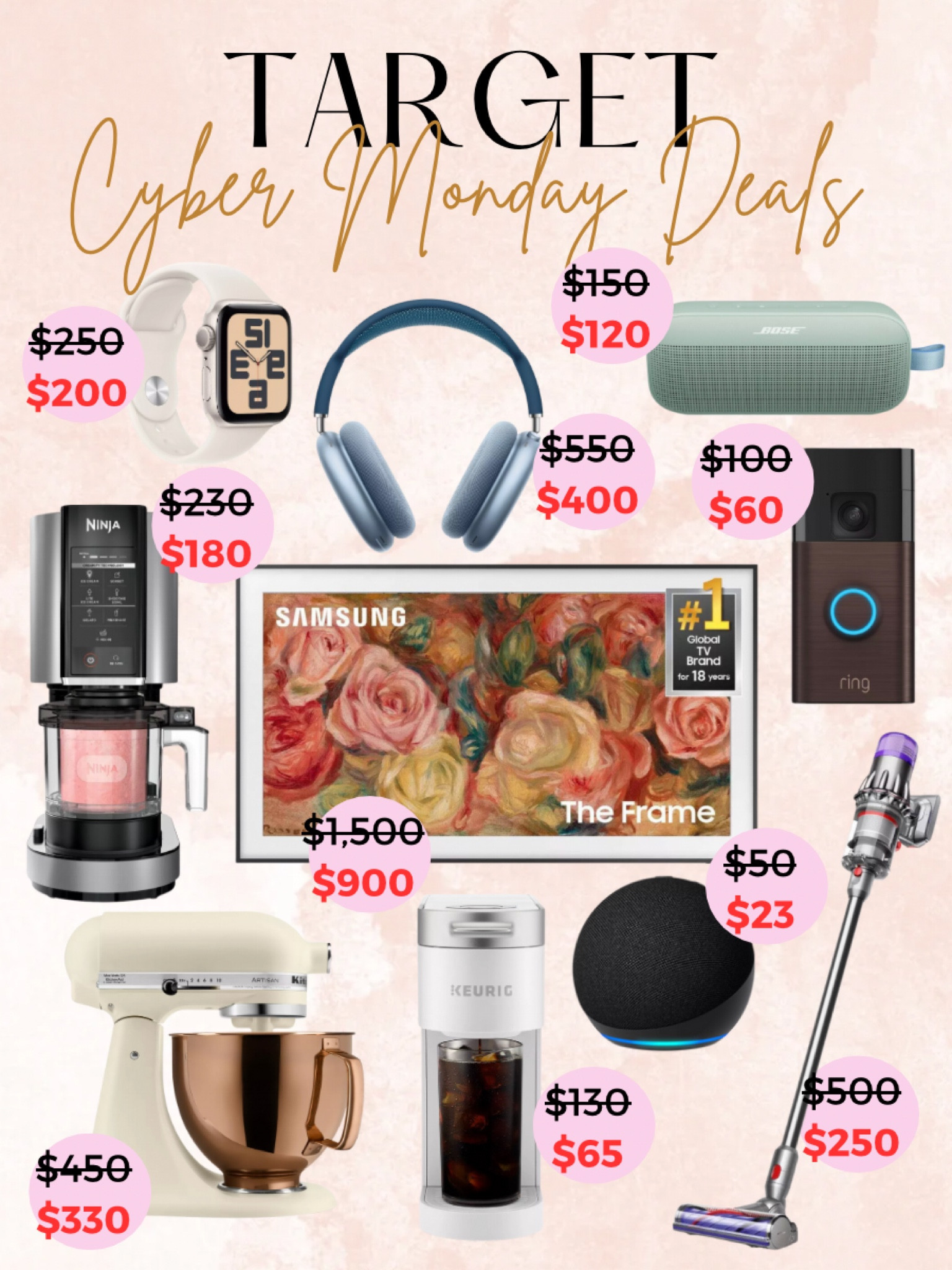 Target Cyber Monday Deals!✨
So many good deals on electronics, Apple products, ninja creami! 

Gifts for her, gifts for him, gifts for teen, frame tv, Apple headphones, Apple Watch, Dyson, keurig, KitchenAid mixer, Alexa speaker, ring doorbellls

#LTKGiftGuide #LTKCyberWeek #LTKSaleAlert