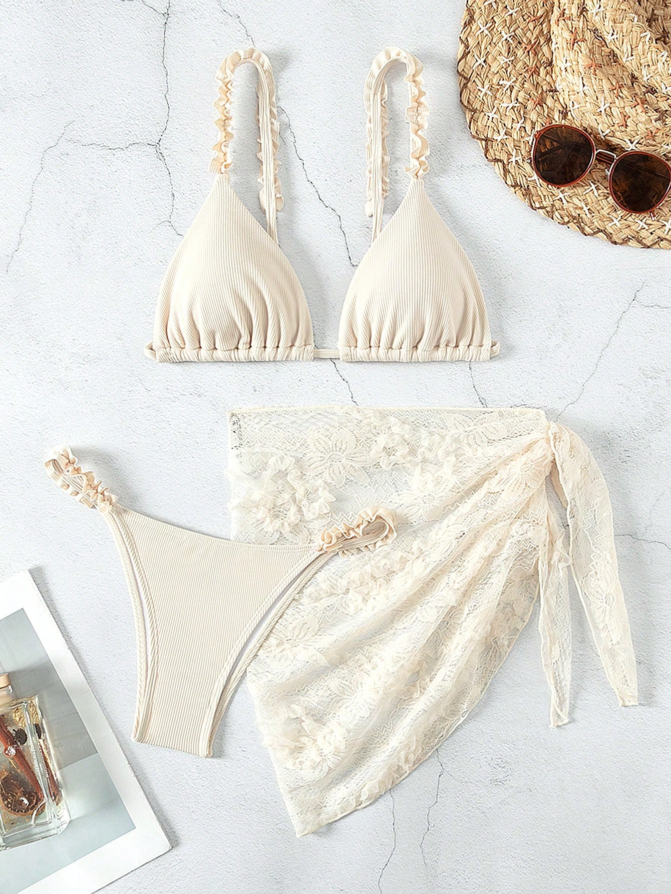 SHEIN Swim Women's Lace Embroidered Swimsuit Set With Spaghetti Straps, Bikini Outfit Beach Swimw... | SHEIN