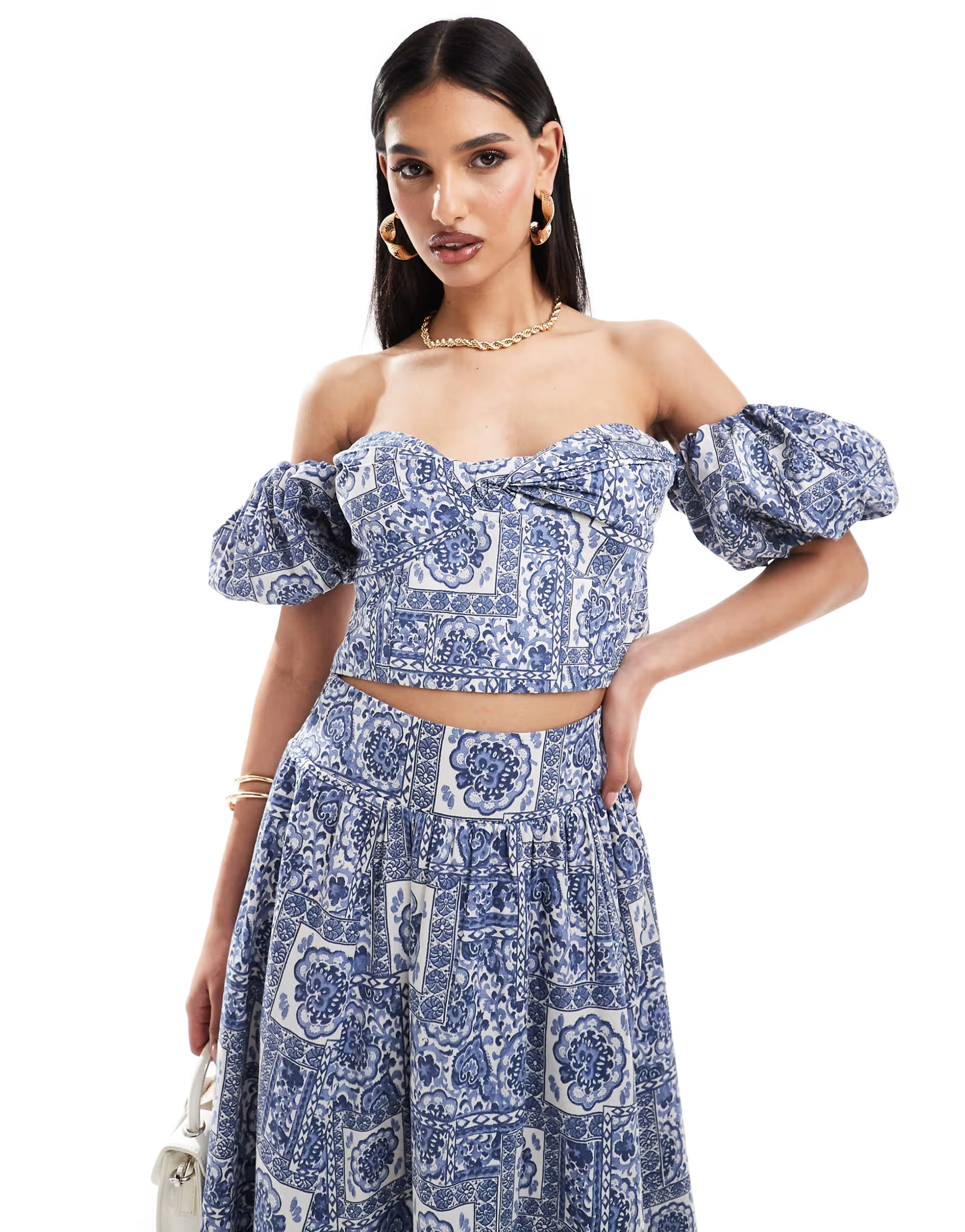 Abercrombie & Fitch co-ord puff sleeve top in blue tile print | ASOS (Global)