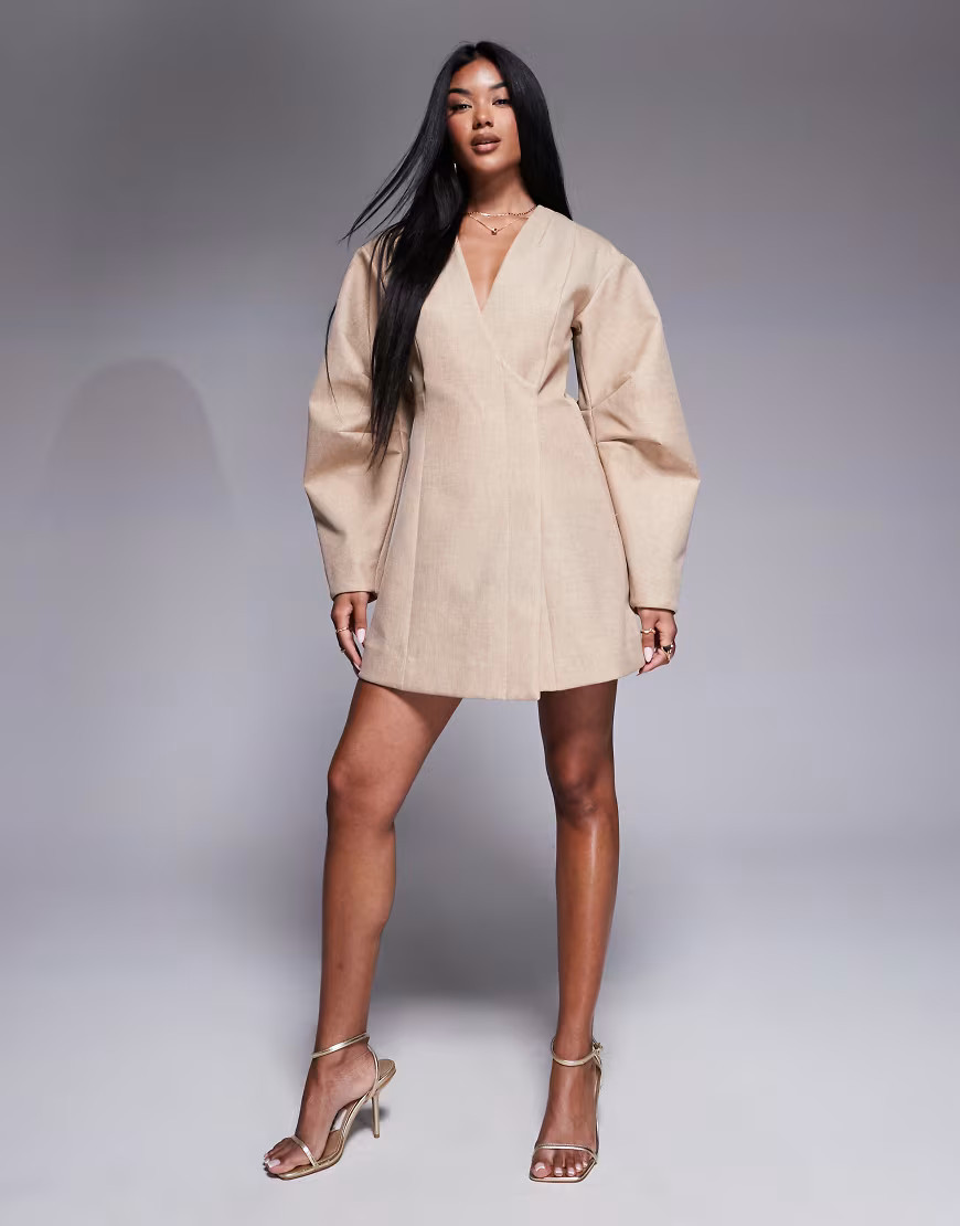 ASOS DESIGN volume sleeve structured blazer mini dress in textured neutral | ASOS (Global)