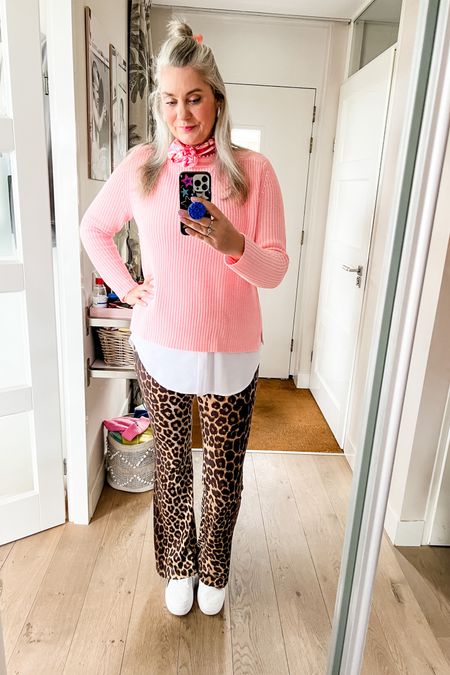 Ootd - Saturday. Easy does it. A light pink sweater (Norah) over a shirt skirt (the look of a shirt but without the bulk), leopard flared leggings and white puma sneakers. 



#LTKstyletip #LTKover40 #LTKmidsize