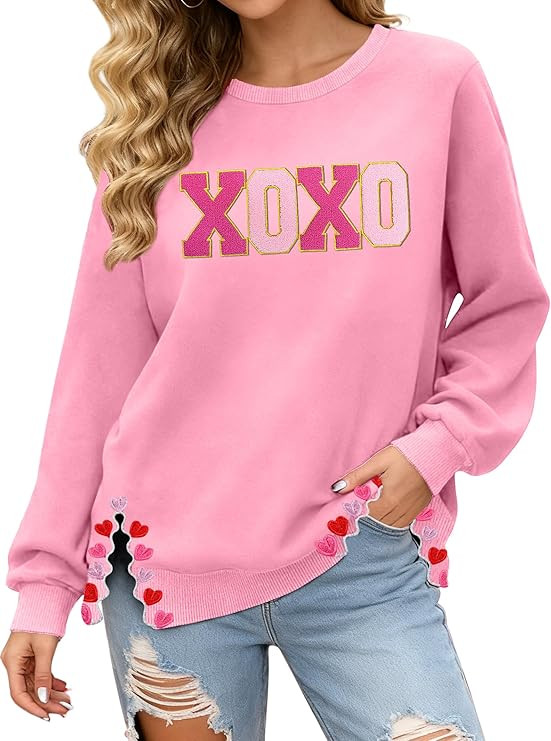 PECHAR Valentine Sweatshirts Women Love Valentines Shirts Embroidered Crewneck Long Sleeve Tops W... | Amazon (US)