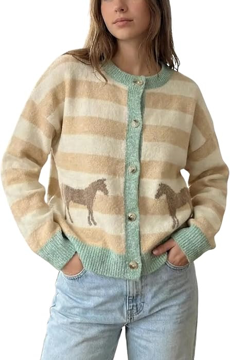 Womens Striped Crew Neck Long Sleeve Knit Cardigan with Horse Icon | Amazon (US)