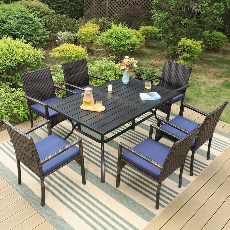 MF Studio 7-Piece Outdoor Patio Dining Sets with 1 PC Rectangle Metal Table and 6 PCS Rattan Cush... | Walmart (US)