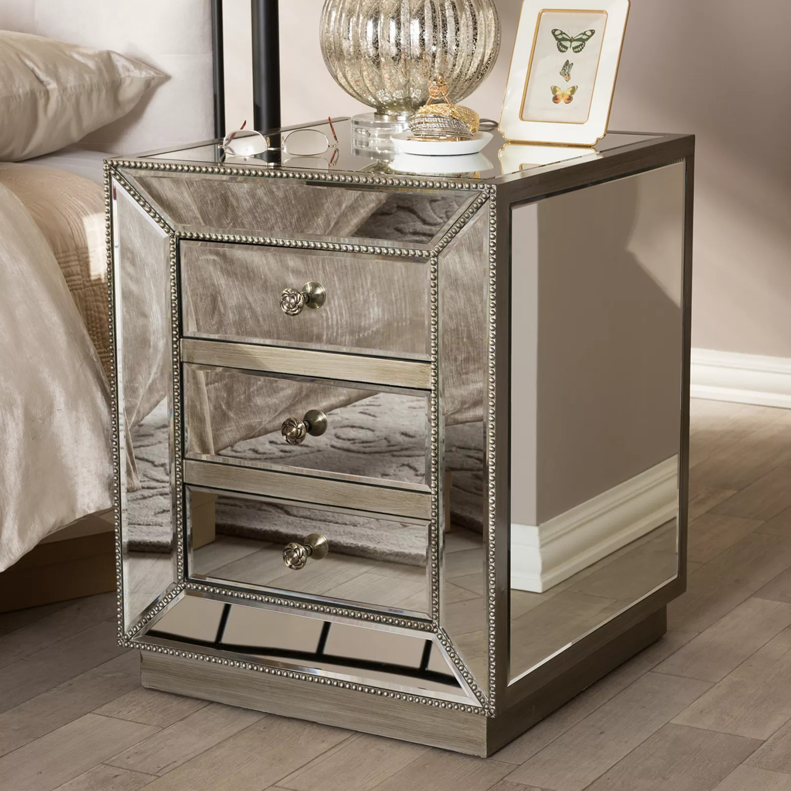 Baxton Studio 3-Drawer Mirrored Nightstand, Silver | Kohl's