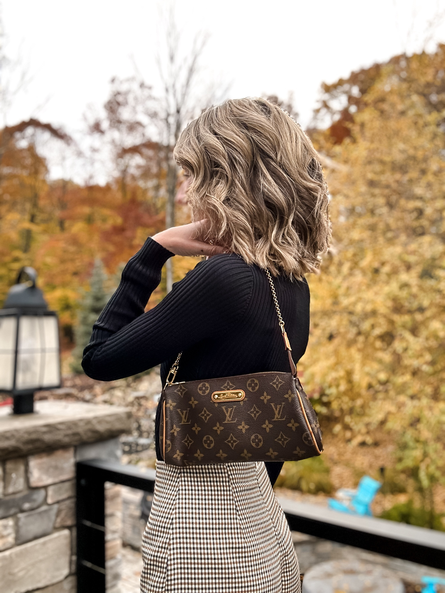 Fall outfit ideas 
Louis Vuitton small shoulder bag Eva 
Plaid skort lulu’s style outfits 