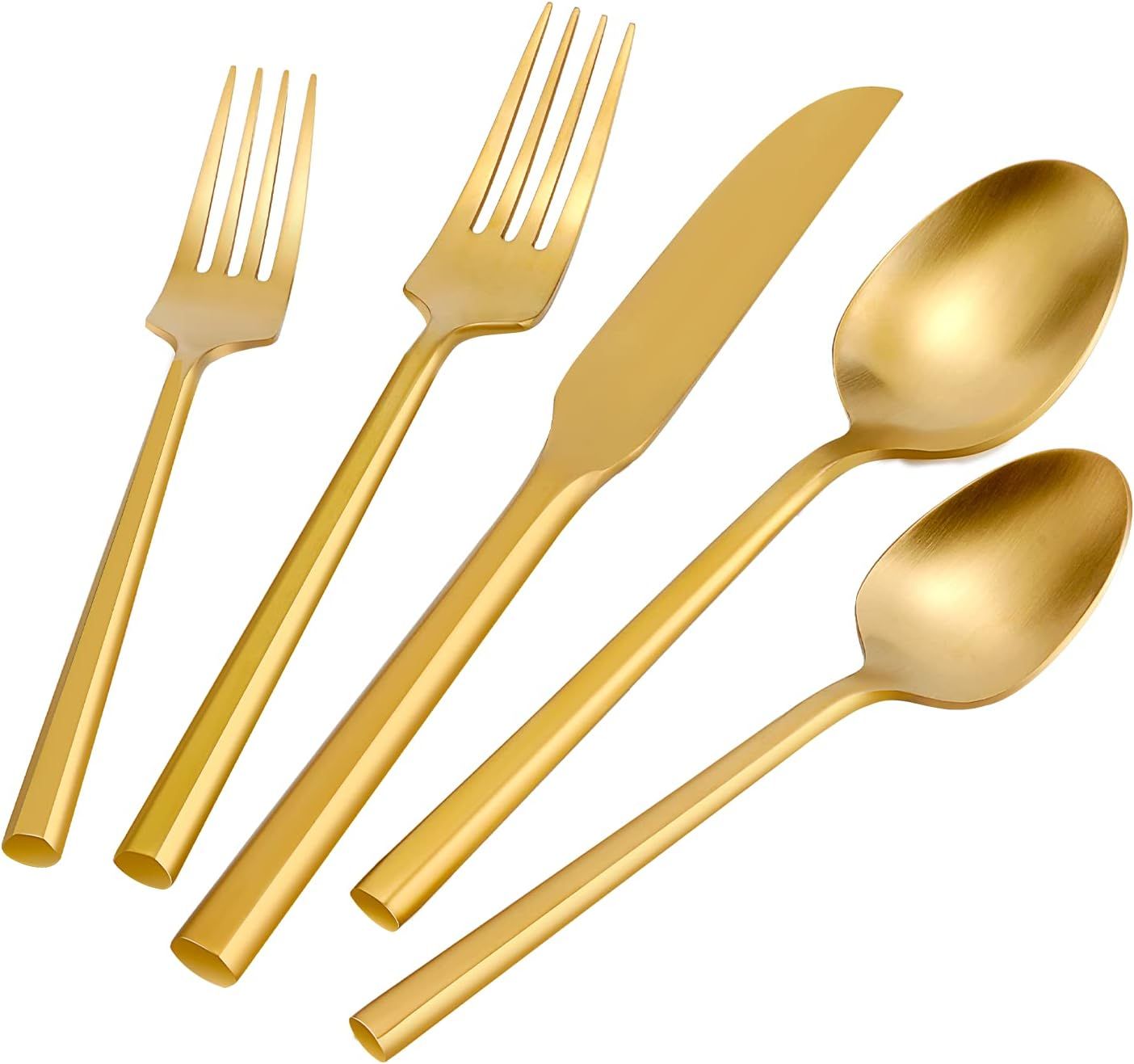 Silverware Set Flatware Set Matte Gold Cutlery Set Brushed Brass Heavy Hexagon Handle Stainless S... | Amazon (US)