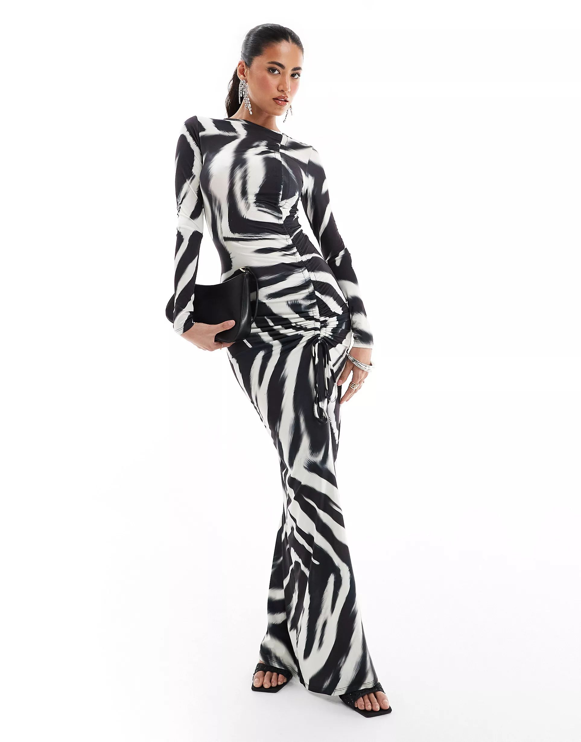 ASOS DESIGN long sleeve drawstring ruched maxi dress in abstract zebra print | ASOS | ASOS (Global)