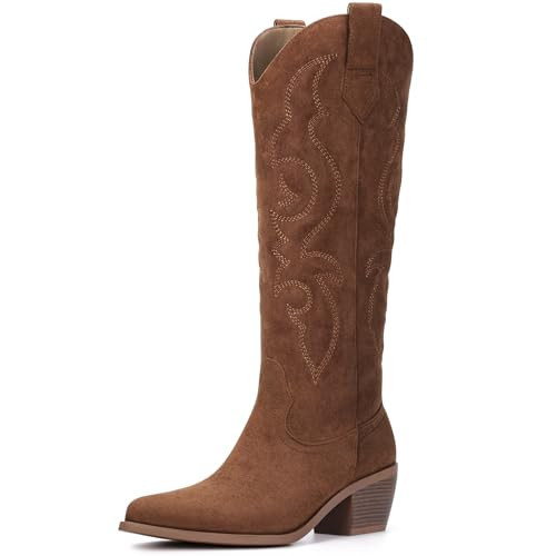 Platikly Brown Cowboy Boots for Women - Embroidered Western Cowgirl Boots Suede Leather, Wide Calf Knee High Tall Footwear, Pointed Toe Chunky Heel Pull On Zipper Classic Retro Country US 9.5 | Amazon (US)