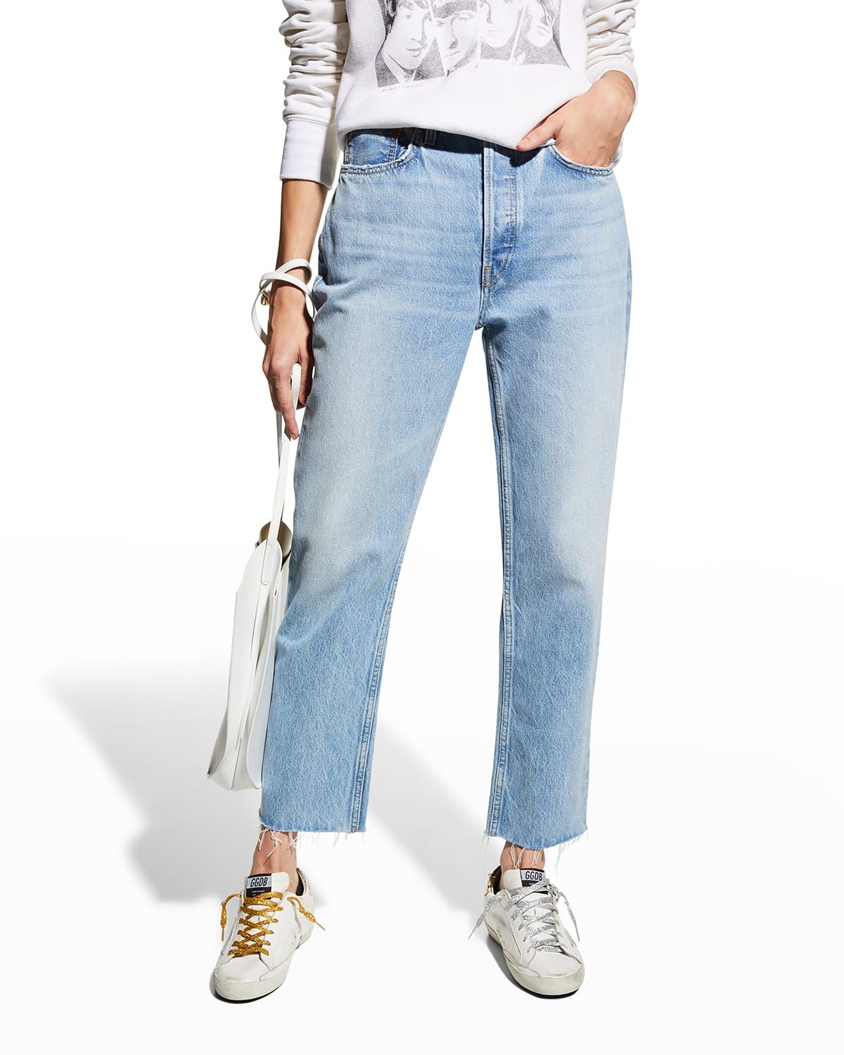 High-Rise Stovepipe Jeans with Raw-Edge Hem | Neiman Marcus