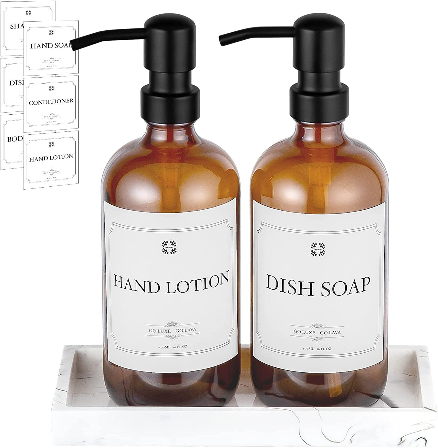 2 Pack Amber Glass Soap Dispenser with Pump and Tray, Oakland Dish and Hand Soap Dispenser Set fo... | Amazon (US)