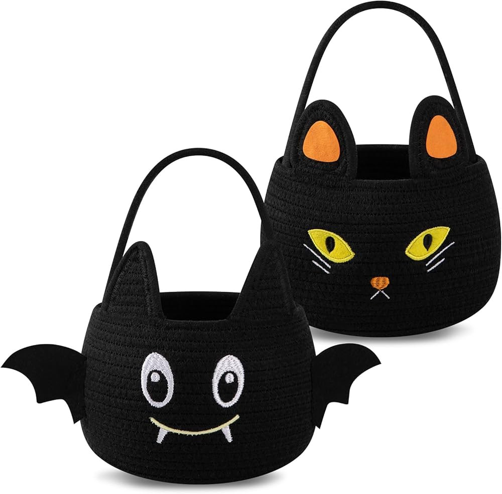 OIAHOMY 2 Pack Halloween Pumpkin Basket for Kids, Woven Rope Candy Basket, Halloween Decorations,... | Amazon (US)
