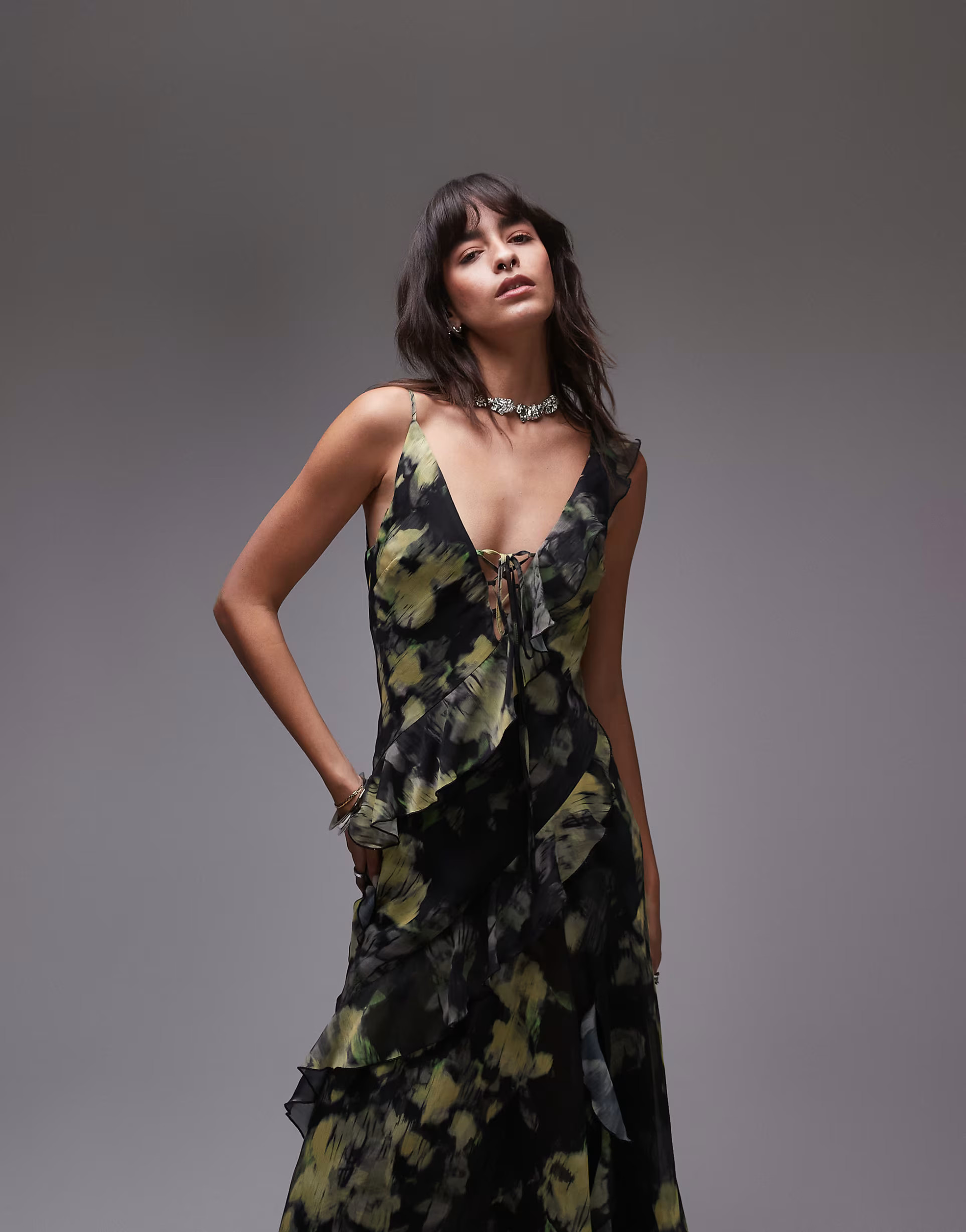 Topshop maxi slip dress with frills in yellow and green floral | ASOS | ASOS (Global)
