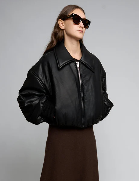 Black Faux-Leather Bomber Jacket-BESTSELLER | Pixie Market