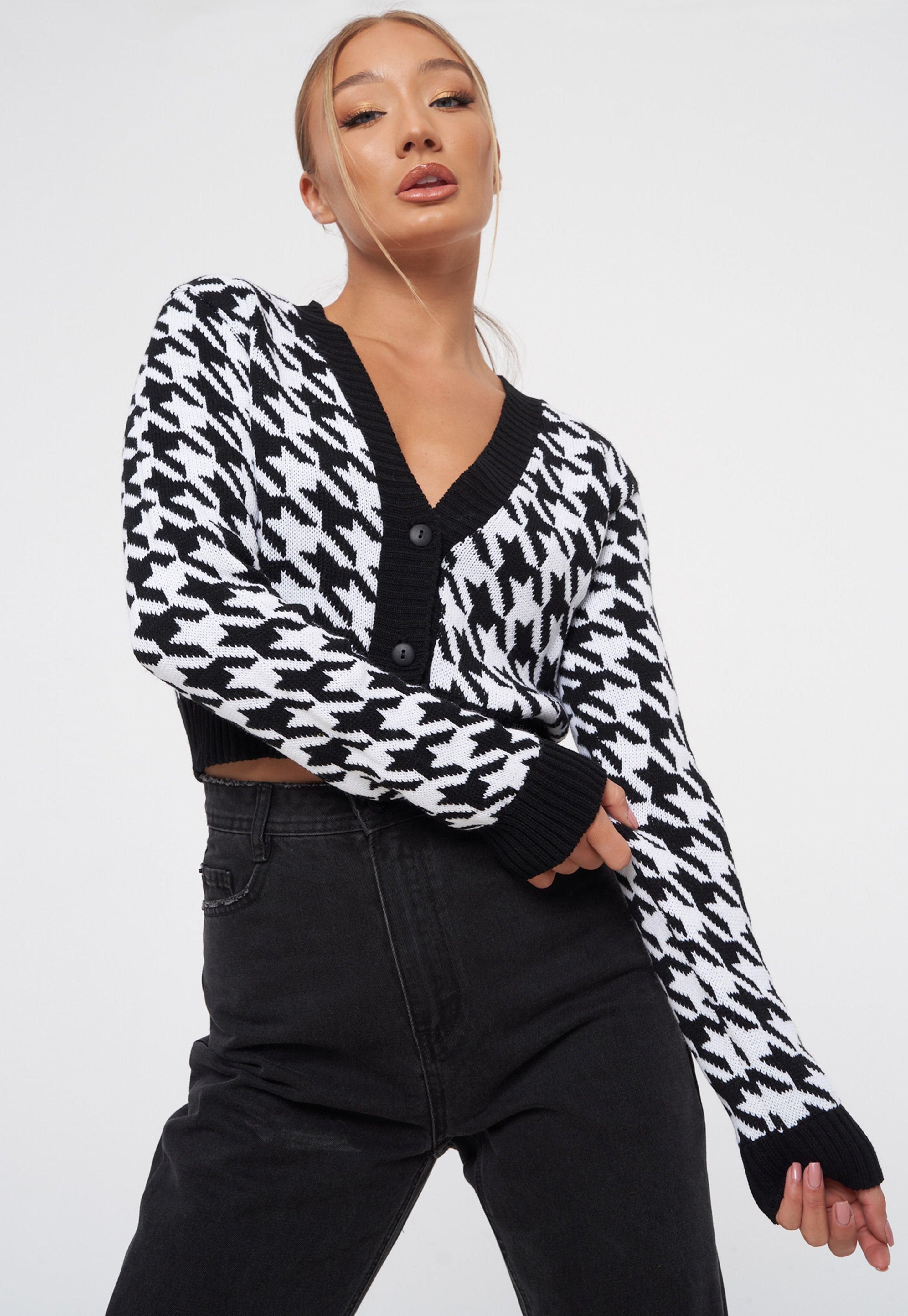 Black Houndstooth Knit Cropped Cardigan | Missguided (US & CA)