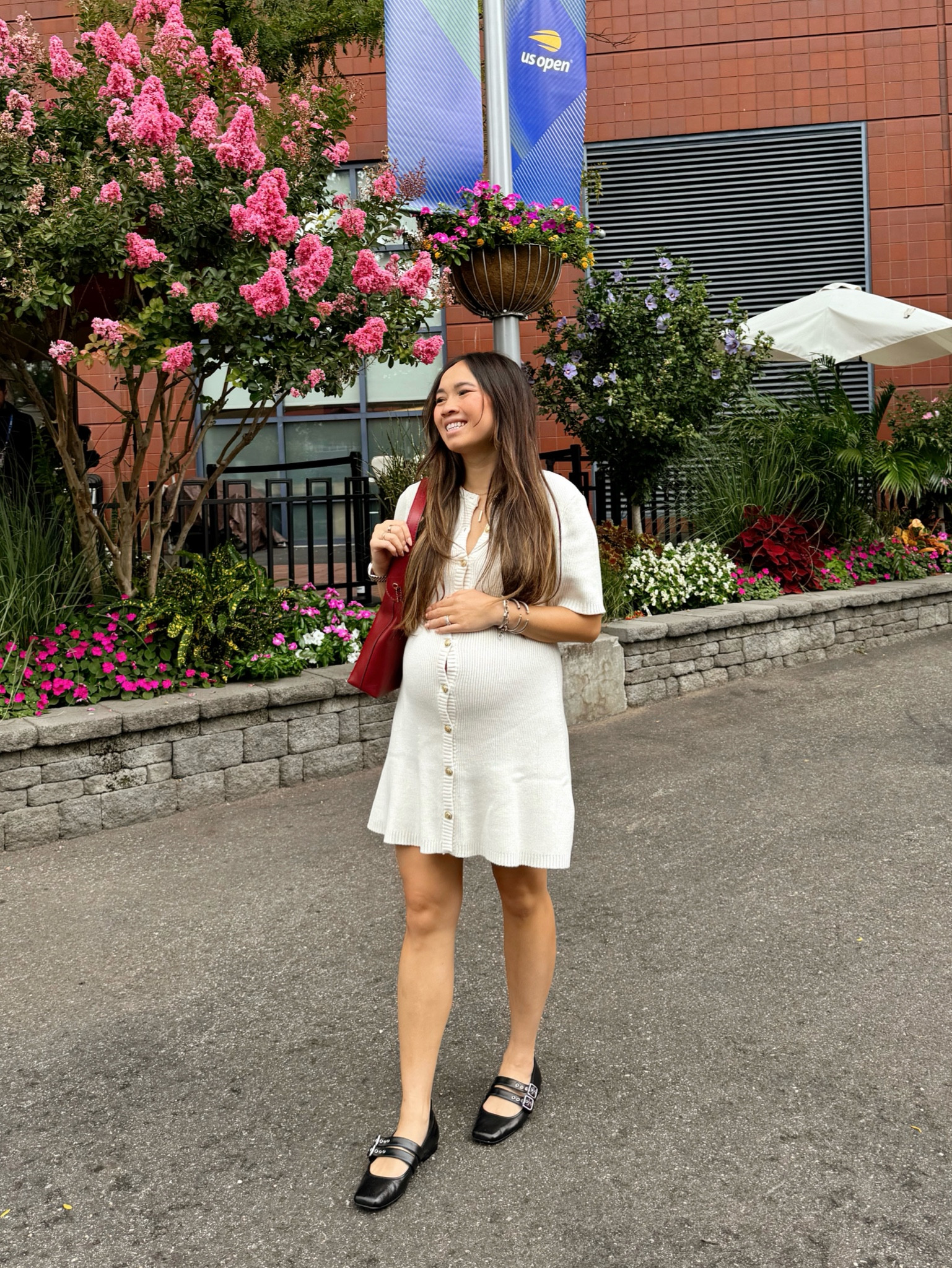 What I'm wearing to the tennis US OPEN! Love this sweater dress from H&M. It does run big so size one whole size down, especially if you're petite! Coach bag is in the burgundy color 