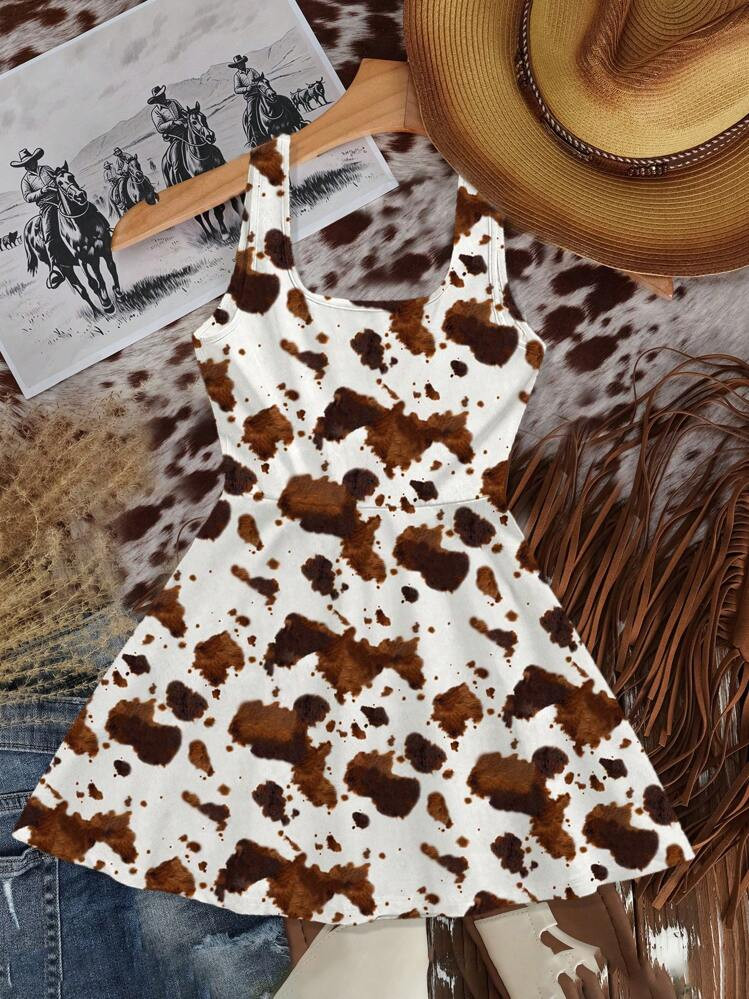 SHEIN EZwear Women's Casual Simple Holiday Music Festival Cow Print Pattern Short Dress, Suitable For Summer Vacation Dress Suitable For Going Out Chic Dress | SHEIN