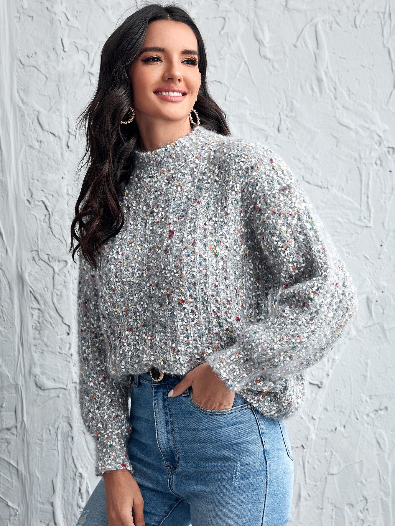 Drop Shoulder Fuzzy Knit Sweater | SHEIN