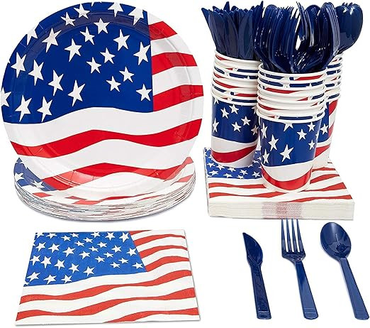 American Flag Party Bundle, Includes Paper Plates, Napkins, Cups and Cutlery (Serves 24, 144 Tota... | Amazon (US)