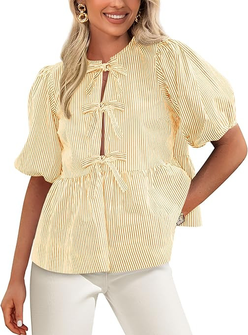 PRETTYGARDEN Women's Tie Front Striped Shirt 2025 Summer Trendy Fashion Cute Babydoll Tops Peplum... | Amazon (US)