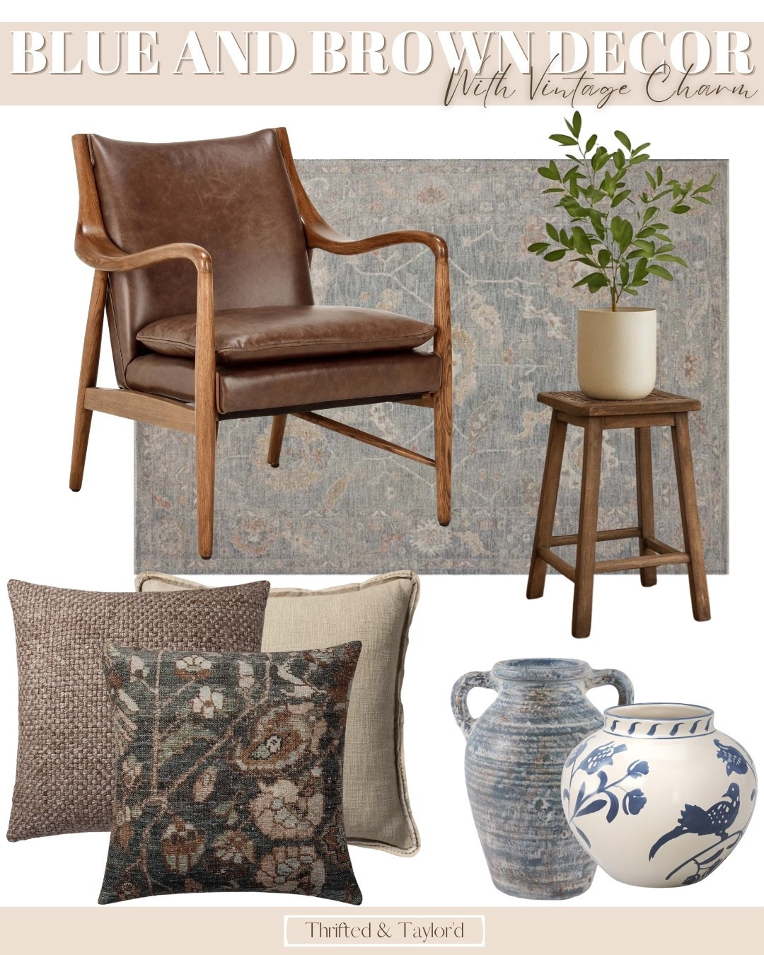 There’s something about blue and brown together that instantly feels like it was gathered over time. The warmth of brown leather and walnut wood paired with soft vintage blues creates that collected, lived-in look that never feels forced.

I love how the muted blue rug anchors everything, while the textured pillows and ceramic vases add just enough pattern and depth to keep it interesting. It feels layered without being busy and cozy without feeling heavy.

If you’ve been wanting to bring more character into your space without going bold or trendy, this color combination is such a beautiful place to start. Everything is linked (including some other blue and brown items I’ve been loving lately) so you can recreate the full look or mix and match pieces to fit your own home and style. 

#LTKHome