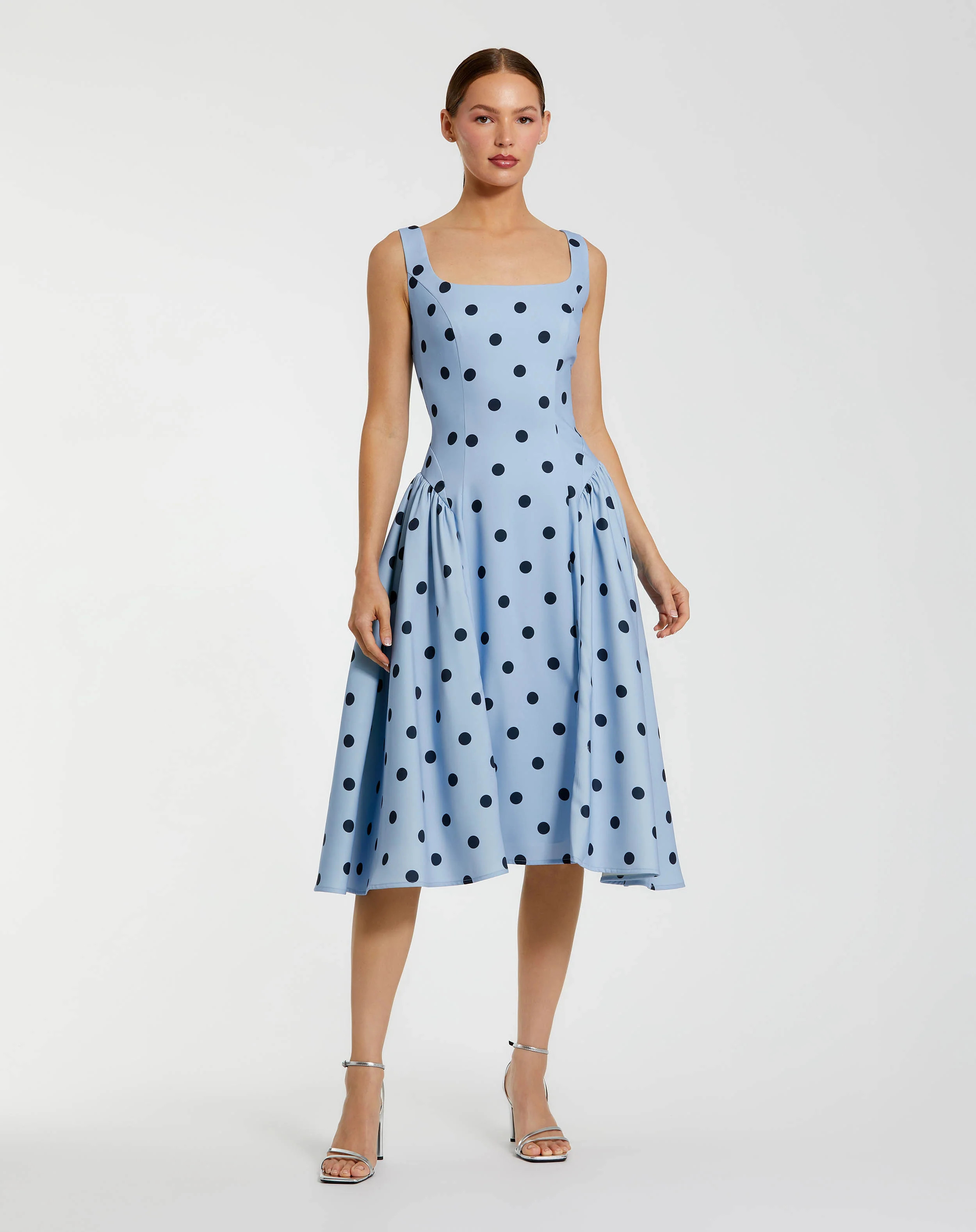 Blue Square Neck Crepe Polka Dot Fit and Flare Midi Dress | Mac Duggal | Mac Duggal