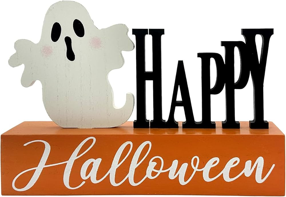 Halloween Decorations Indoor Happy Halloween Sign Ghost Wooden Block Rustic Farmhouse Home Table ... | Amazon (US)