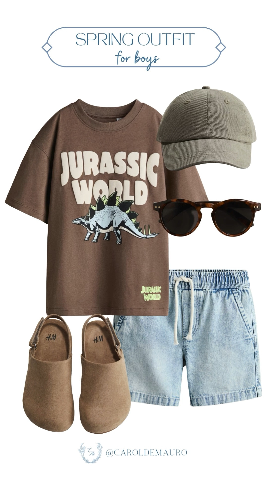 Here's how to style your little adventurer ready for spring! Style a brown Jurassic World tee and light wash denim shorts. Complete the outfit with the olive green baseball cap, tortoise shell sunglasses, and suede clogs for a perfectly easygoing vibe.

vacation ready, kids fashion, toddler looks, spring style, little wanderer, capsule wardrobe, boys ootd, mom approved

#LTKootd #LTKSeasonal #LTKU