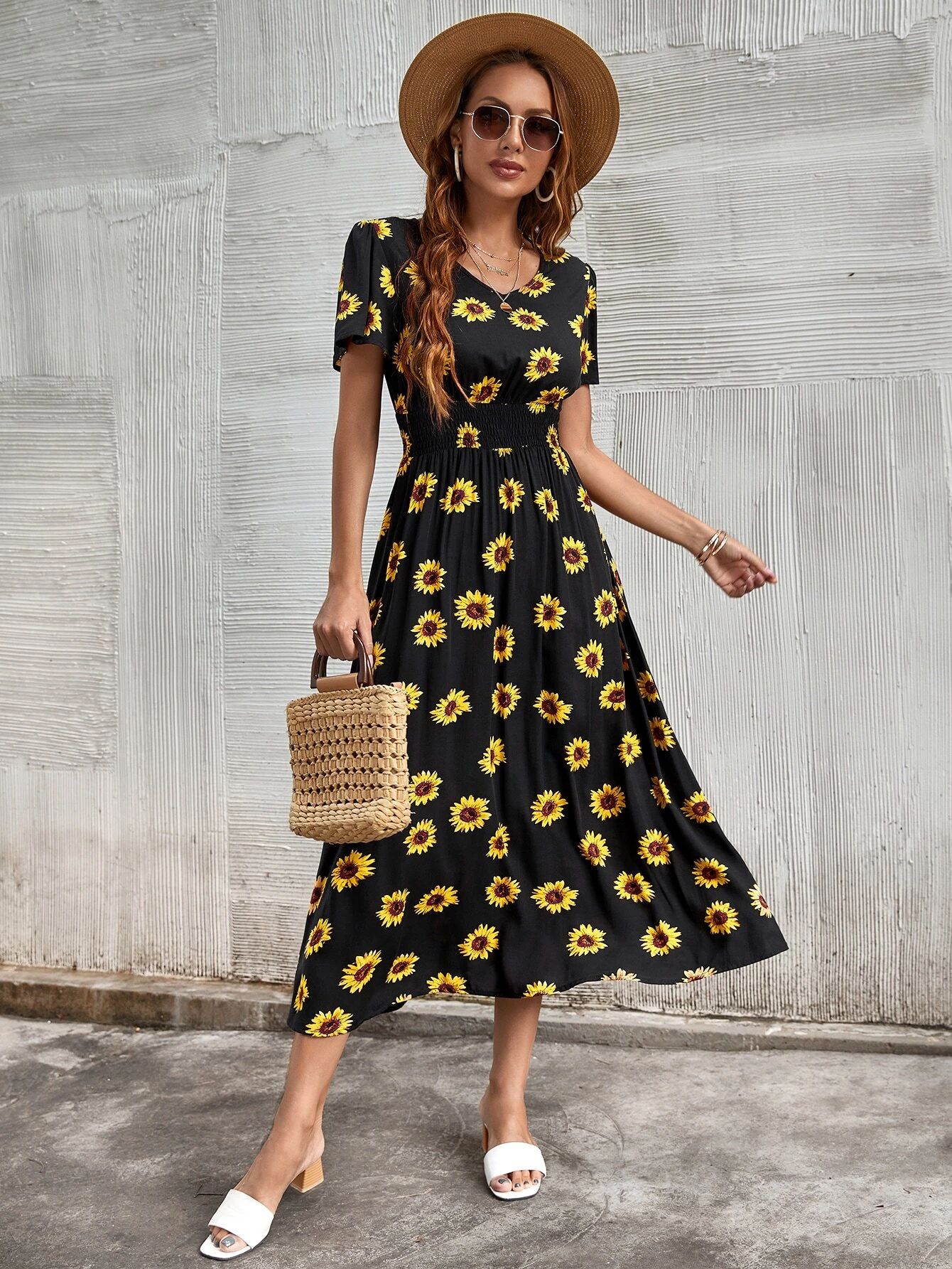 Sunflower Print V-neck A-line Dress | SHEIN