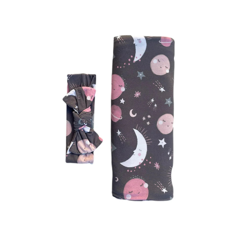 Pink To the Moon & Back Swaddle + Headband Set | Little Sleepies