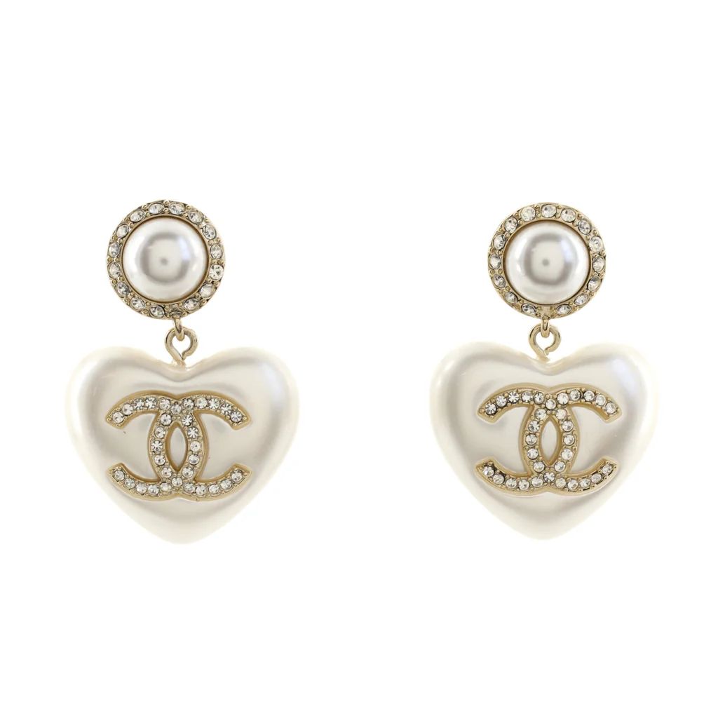 CC Heart Drop Earrings Metal with Crystals and Faux Pearls | Rebag