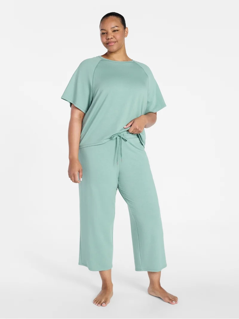 Joyspun Women's French Terry Lounge Sleep Short Sleeve Top and Capri Pants Set, 2-Piece, Sizes XS... | Walmart (US)