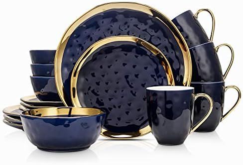 Amazon.com | Stone Lain Porcelain 16 Piece Dinnerware Set, Service for 4, Blue and Golden Rim, Da... | Amazon (US)