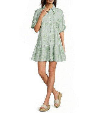 J.Marie Poppy Button Down Collared Short Puff Sleeve Tiered Shirt Dress | Dillard's | Dillard's